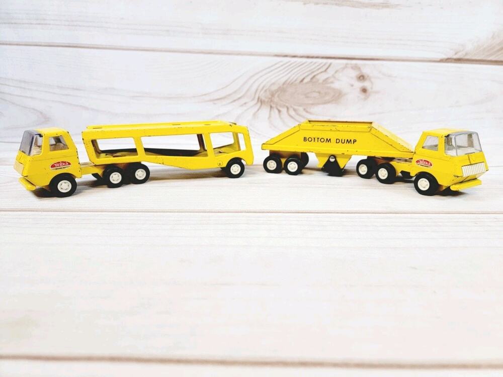 Vintage 1960/70’s Mini Tonka Pressed Steel Car Carrier & Bottom Dump Semi Trucks